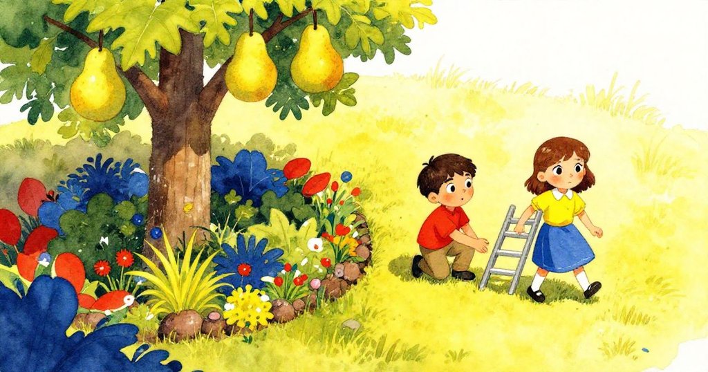 Forrest 蹲在草地上細看痕跡，Iris 扛著梯子走近，背景有梨樹與綠野，情緒充滿好奇與期待。