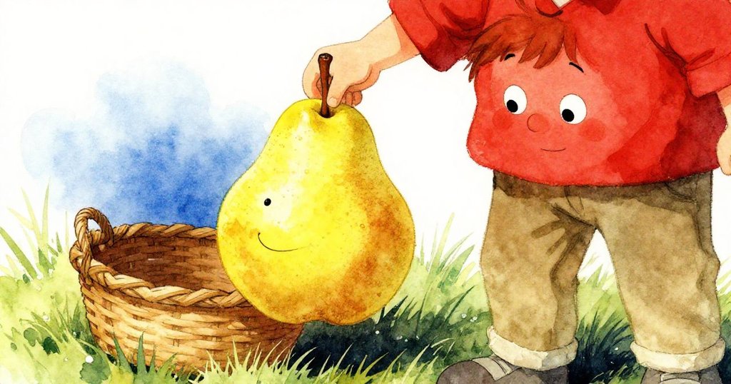 Forrest 小心拿起帶點瘀傷的梨子，手法溫柔，籃子與草地細節豐富，情緒專注而關懷。