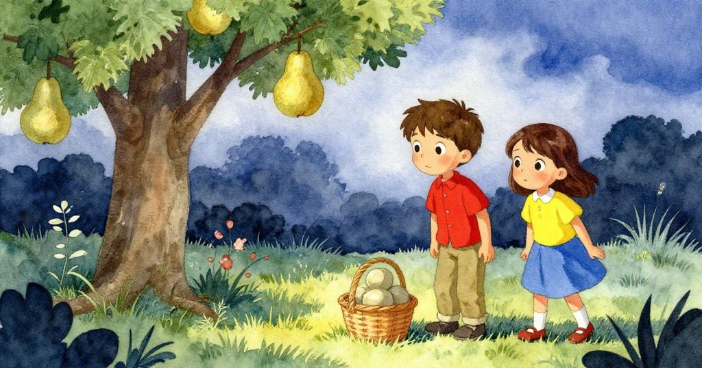 Forrest 與 Iris 於昏黃記憶中靜思，梨樹與草地泛起微冷懷舊色調，籃子曾在黃昏時刻神秘排列，情緒溫柔。