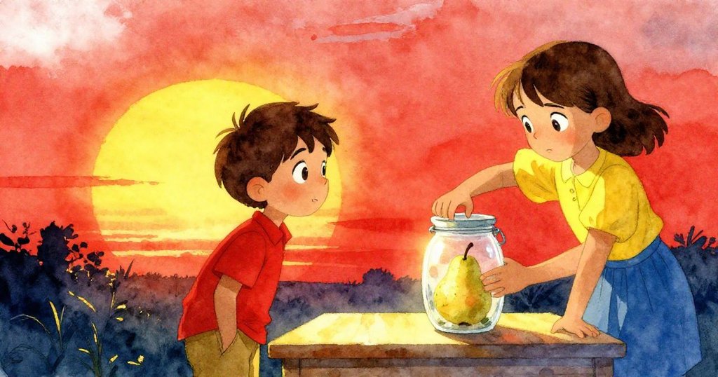 在金色夕陽下，Iris 輕柔放下半滿水的水瓶與鳥啄過的梨子，Forrest 靜坐旁邊欣賞成果，場景溫暖寧靜。