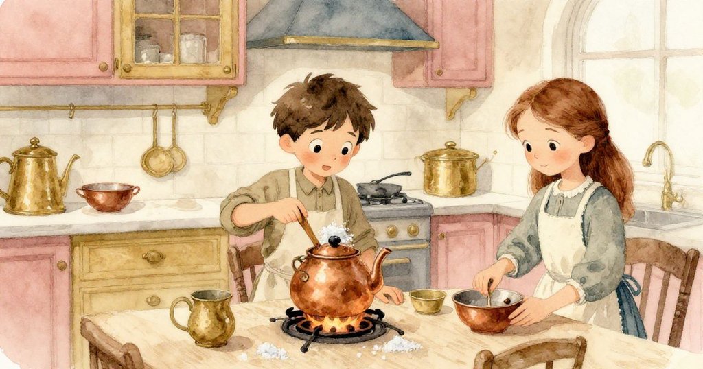 在溫暖的廚房中，Troy使用木勺攪拌冒泡銅壺，Kay靠近爐火調整火苗，場景充滿溫馨與細膩光影。