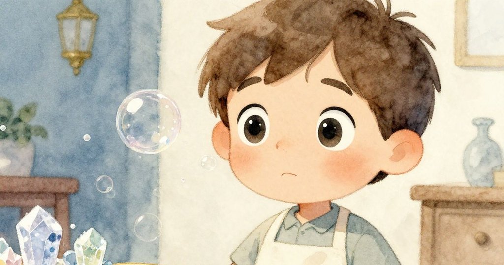 Troy專注凝視，眼中映出糖晶與氣泡，展現驚奇神情，背景隱約見到廚房氛圍。