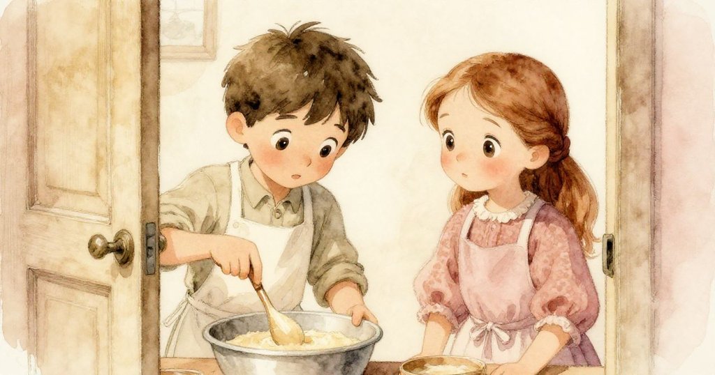 從打開的廚房門縫中窺視，Troy專注攪拌濃稠混合物，Kay微笑注視，畫面彌漫懷舊溫馨光影。