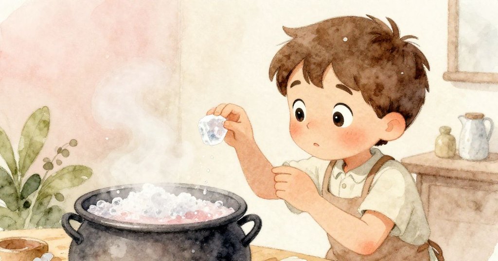 Troy停下攪拌，專注觀察糖晶融化現象，畫面以淡玫瑰與褐色調營造出溫柔懷舊的回憶感。