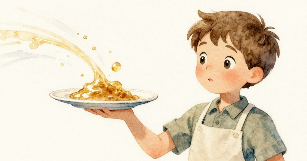 Troy小心將冰凍盤子靠近爐火，果醬滴下帶出動態軌跡，畫面動感十足且細膩柔和。