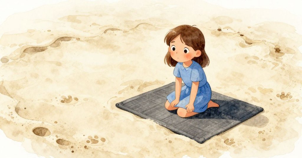 Luna蹲在戶外沙坑中，透過傾斜畫面展現爪印與未完成邊緣，陽光下流露專注與好奇。