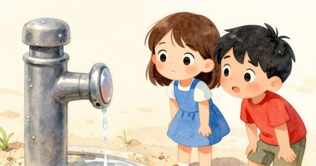 Luna與Ben在戶外沙坑中近距離注視金屬光澤水泉按鈕，充滿好奇驚喜與細膩互動。