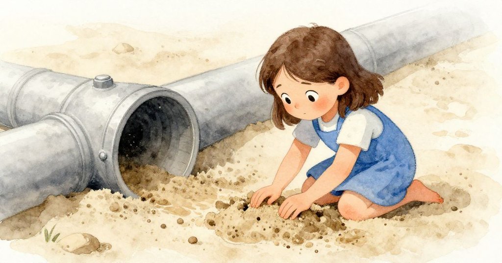 Luna蹲於沙坑邊修整潮濕沙土，專注用手塑形，排水管旁展現濕潤獨特紋理，神情認真。