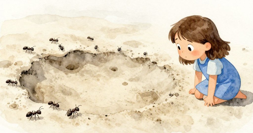 在隱秘沙坑角落，Luna細看沙面裂痕中螞蟻穿行，探索生動神秘角落，充滿好奇與細膩觀察。