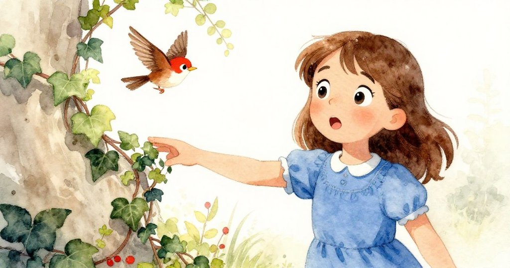 當小鳥自藤蔓間飛出輕拂Luna袖子時，她驚喜滿臉，近景展現沙坑附近生動自然美景。