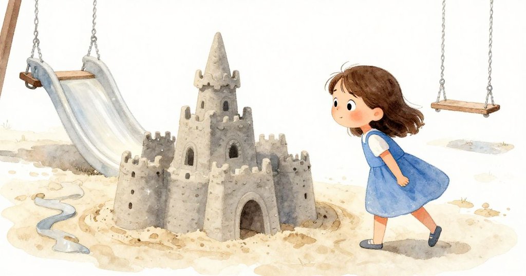 Luna退後欣賞堅實沙堡，夕陽餘暉下沙粒閃爍，她露出滿足自豪微笑，整體環境寧靜溫馨。