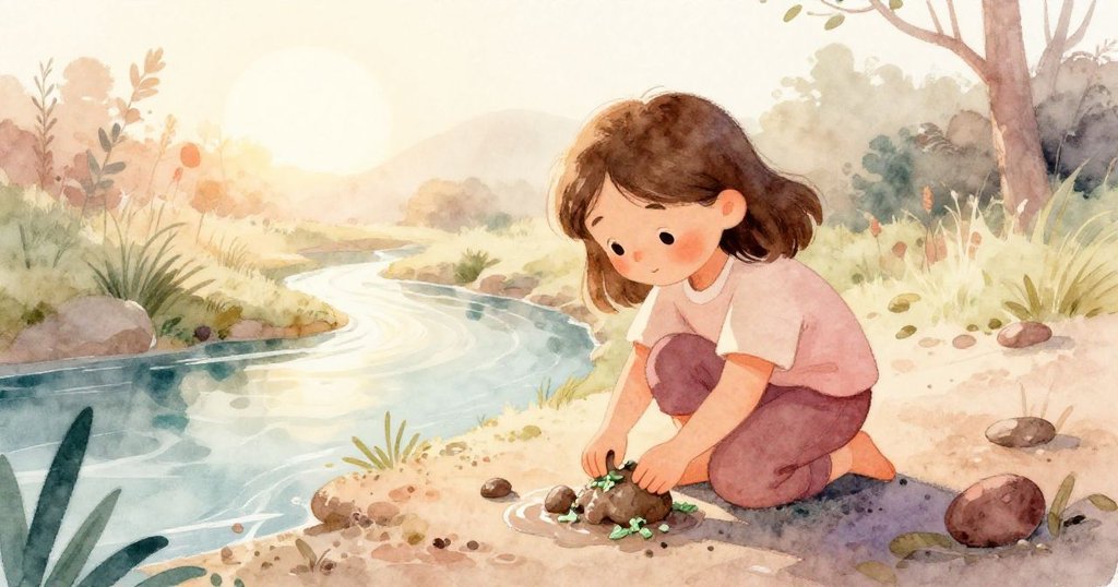 諾拉在晨曦中跪在溪邊，靠近濕潤黏土聞著薄荷香氣，面露喜悅，背景為溫暖的日光與自然風光