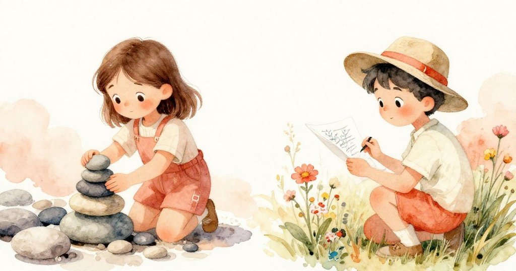 諾拉與賈維斯分屏互動，左側諾拉專注堆積鵝卵石造牆，右側賈維斯戴著寬帽子描繪野花，兩人全神貫注