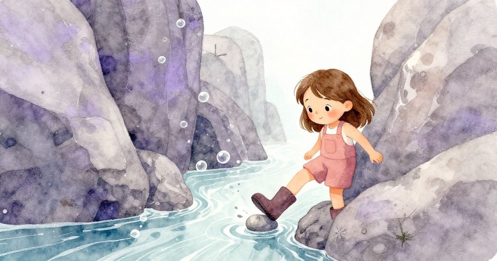 諾拉注視著兩塊巨石間狹縫中湧動的溪水與氣泡，一顆鵝卵石滾動撞擊她的靴子，動態細節生動呈現