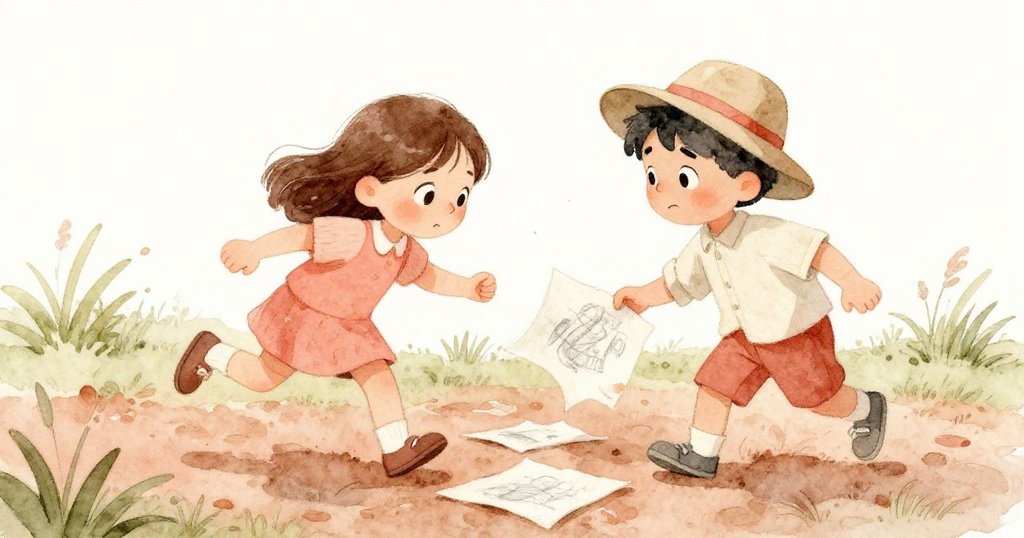 諾拉急速穿越濕泥土幫助賈維斯收拾散落草地的畫本頁面，兩人表情充滿關切與合作，動感十足