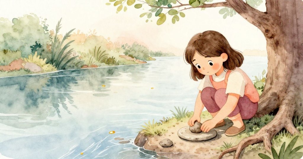 諾拉蹲在老樹根邊，專注地調整石板並壓入最後一團黏土，溪水中閃爍著金色亮點，畫面恢靜祥和