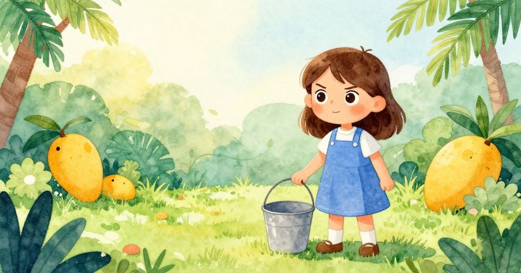 在溫暖花園中，Joy在光影與鮮豔色彩中操作桶子，充滿期待與喜悅，展開創意冒險。