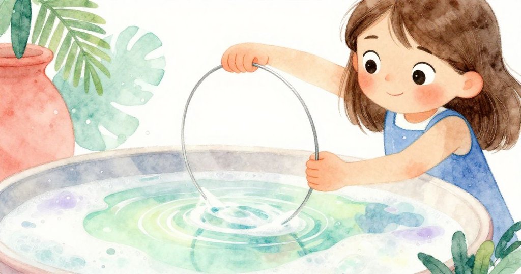 Joy專注將鐵環輕放入彩虹泡液中，手部細節清晰，背景隱約展現花園故事情節。