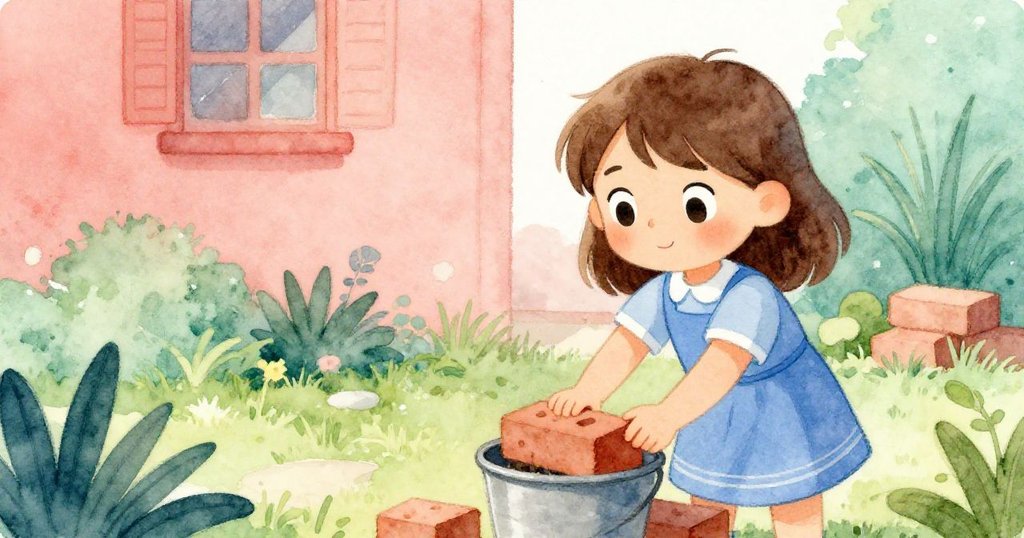 時光流轉中，Joy於午後調整桶旁磚塊，柔和光影中展現專注與機智，確保泡液穩定。