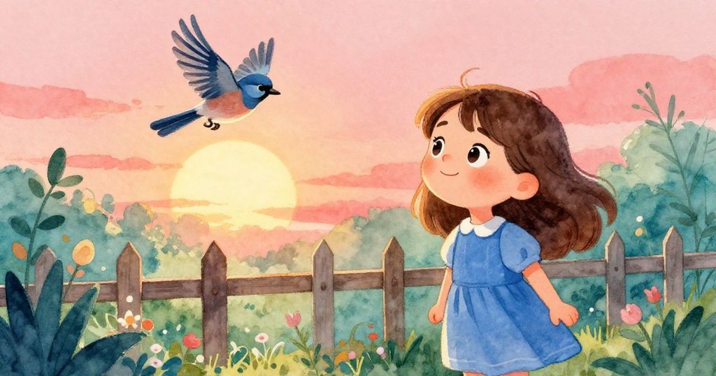 夕陽餘暉中，Joy於花園邊靜看小麻雀展翅飛離，滿懷寧靜與溫馨，迎來一天完美結尾。