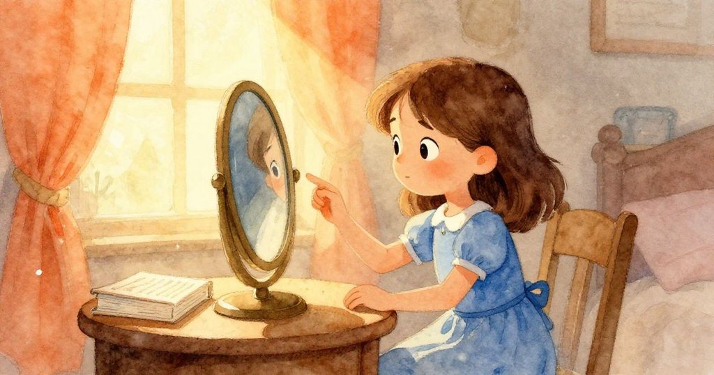Pia在陽光明媚的房間裡設置鏡子，她充滿專注與期待，旁邊的桌上擺放著書本，呈現溫暖家的氛圍。
