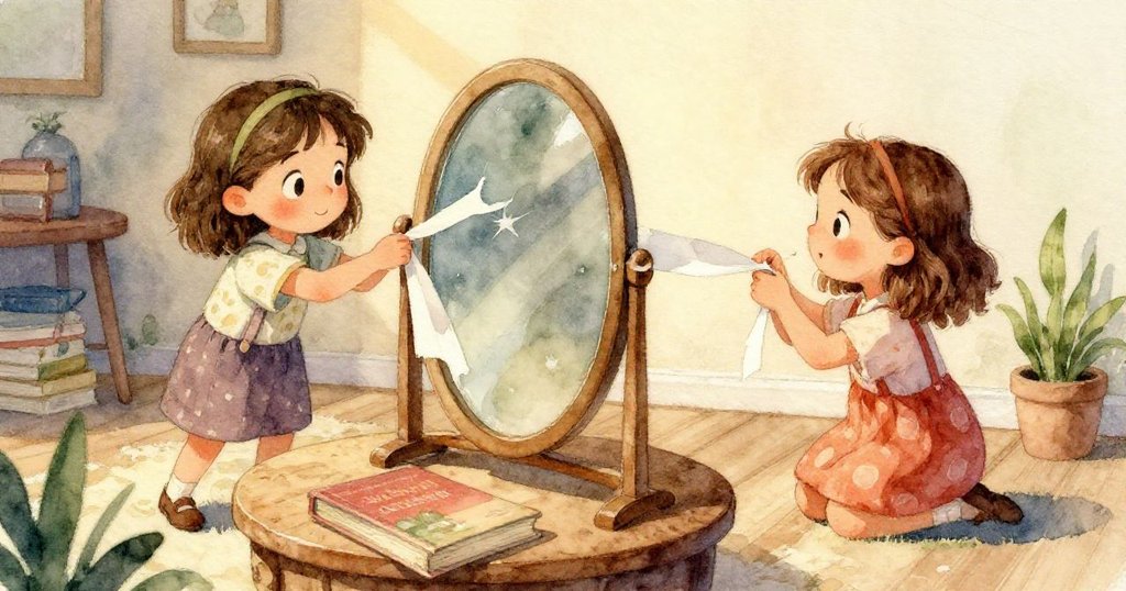 Pia的雙手正小心撕開膠帶，桌上擺放著鏡子邊緣與印有小屋的平裝書，細節清晰溫柔。