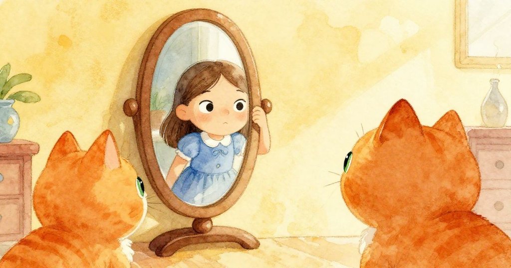 Pia正調整第二面鏡子，角落裡的橘色貓咪好奇凝視，房間裡充滿溫暖光線與舒適氣氛。