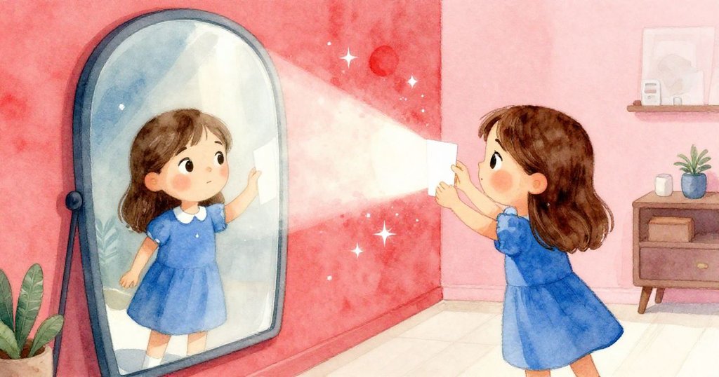 Pia調整鏡子時，光束在牆上卡片上形成真實與幻想交織的雙重畫面，充滿魔幻和創造力。