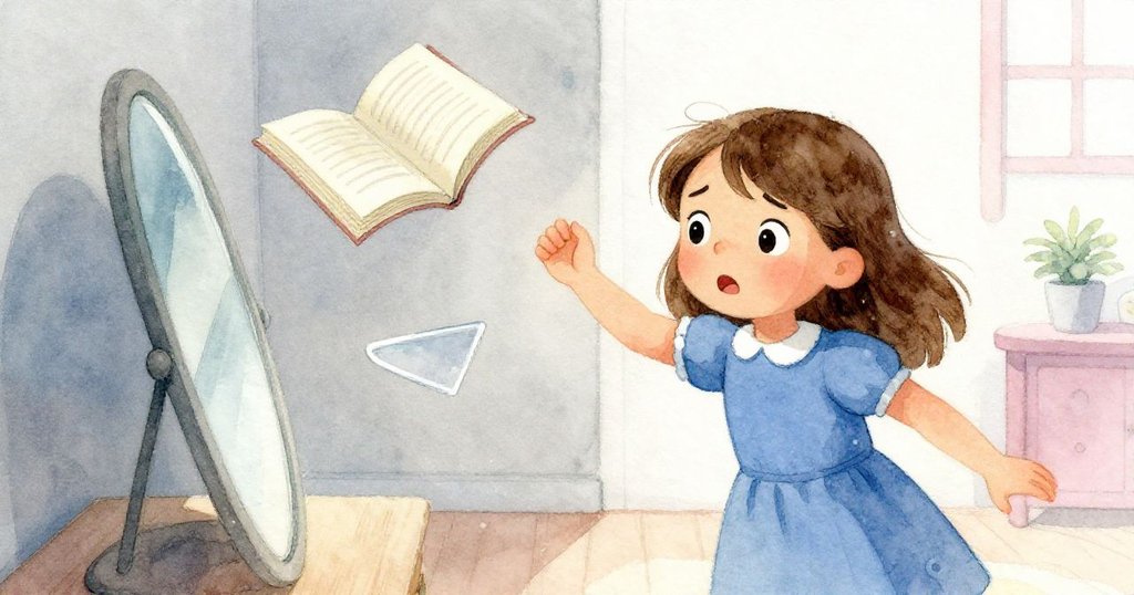 Pia驚慌中伸手穩住歪斜的鏡子和飛舞的塑膠楔子，平裝書滑動瞬間被捕捉，室內燈光柔和。