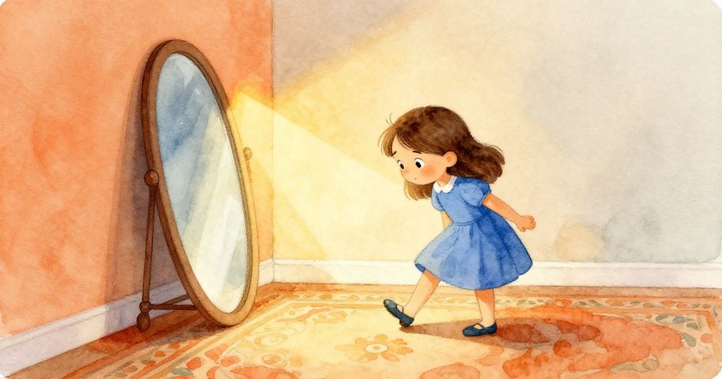 Pia用腳跟壓住翻滾的鏡子，穩定在花紋地毯上，光束慢慢爬上牆面，場景顯得溫暖結局。