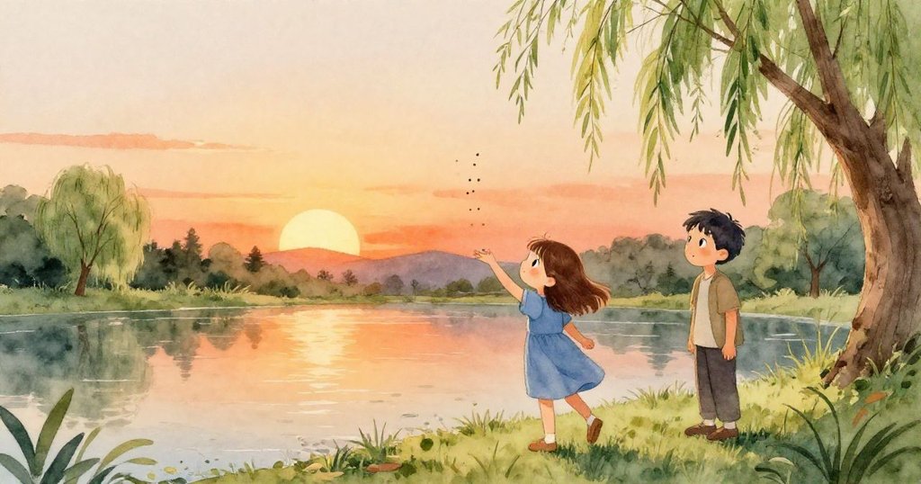 Esme在夕陽下於池塘邊拋出飼料，遠處柳樹隨風搖曳，York在長凳上觀望，充滿期待與好奇。