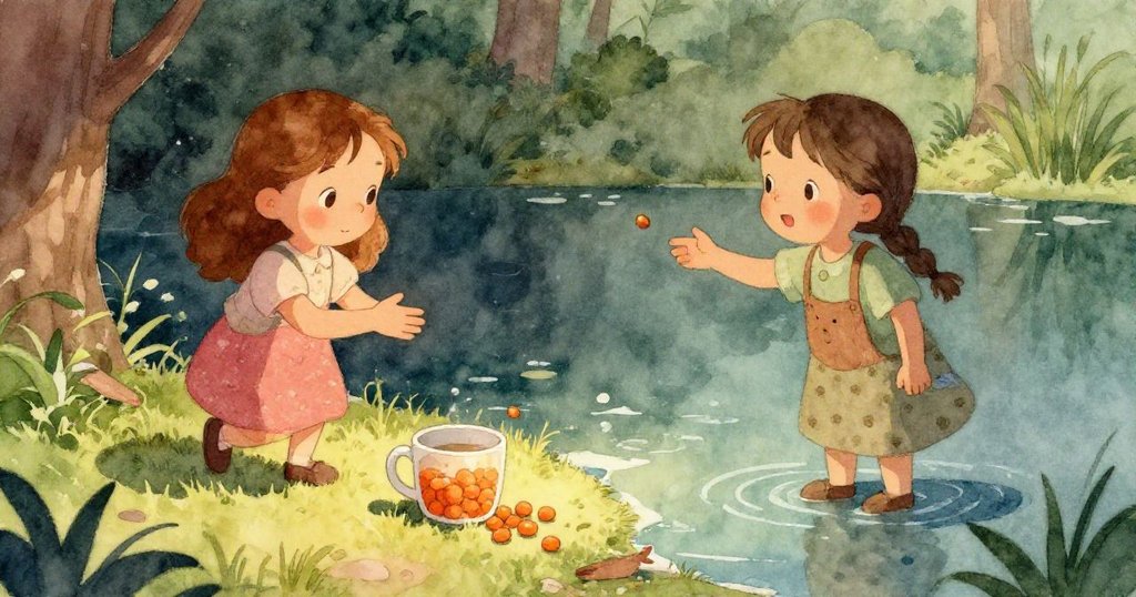 鯉魚破水而出，水波扭曲映現彎曲餘光，Esme拋出的飼料形成奇幻動態，情緒隨水面起伏。