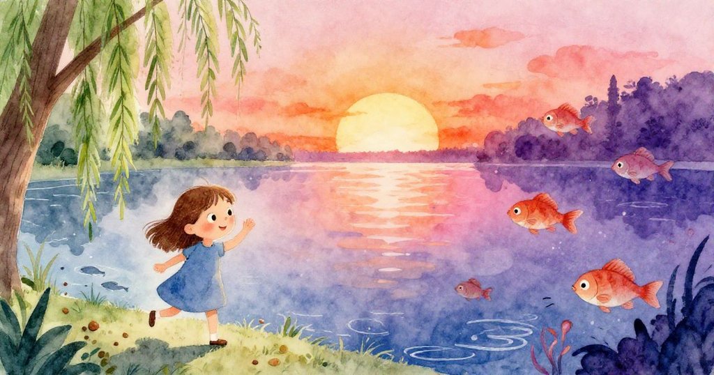 Esme一邊現實拋碟對準池塘暗處，幻想中魚兒歡樂齊聚，柳枝交錯背景呈現夢境與現實交融。