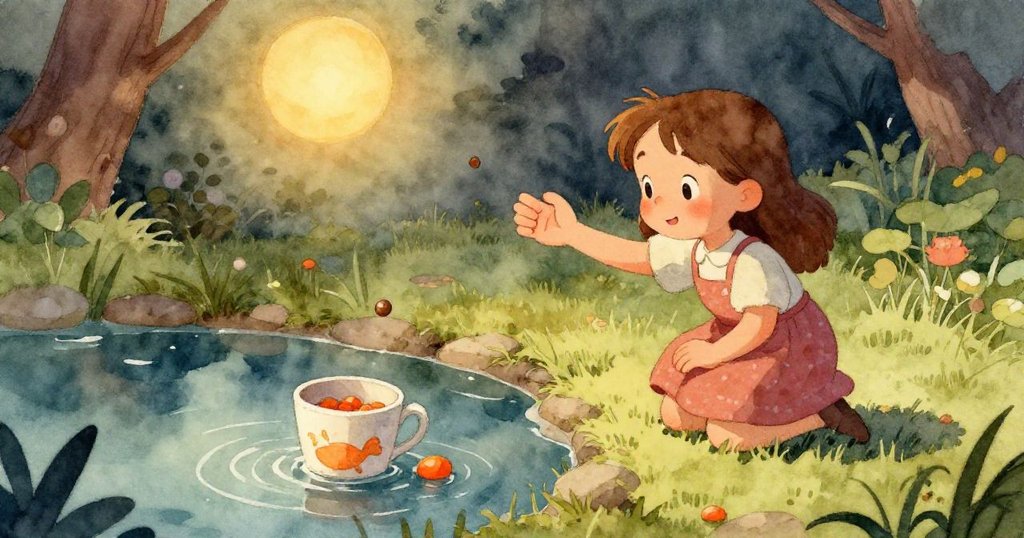 飼料軌跡穿越紛飛水花，動態流線映照夕陽餘輝，Esme與大自然互動展現生動動感與期待。