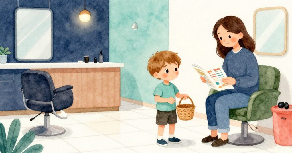 在現代溫暖的美髮沙龍內，Quinn與家長互動等待，光線柔和，氣氛舒適，展現故事開端。