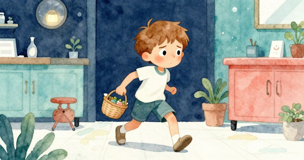 從低角度看，Quinn滿懷決心地起身，手持籃子向取水處移動，背景顯示熱鬧美髮沙龍。