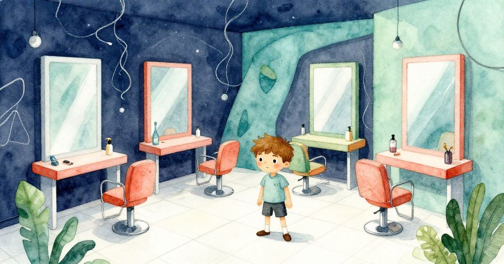 在超現實的美髮沙龍中，Quinn與造型師穿梭於扭曲的電線與傾斜地磚之間，呈現意外幾何美感。