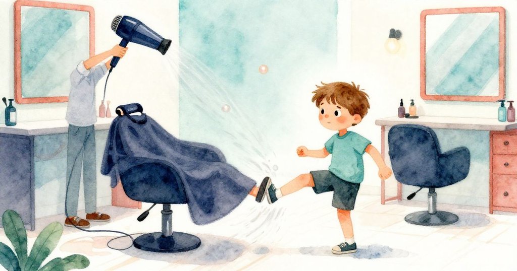 在熱鬧沙龍中，造型師揮動乾髮機線纜，不慎碰觸Quinn的腳踝，他迅速反應，展現緊急動作。