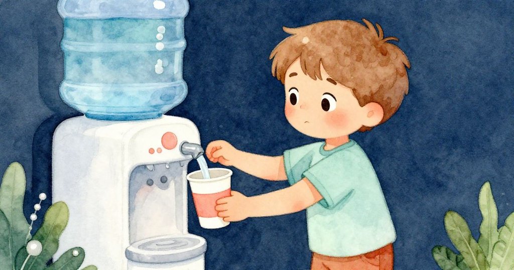 故事尾聲，Quinn站在飲水機旁，專注且平靜地操作，柔和光線映襯下的水流展現最終解決。