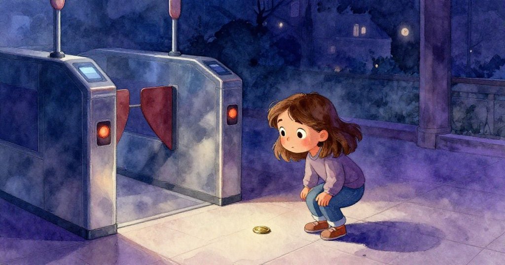 在昏暗藍紫燈光下，Dina彎腰於現代車站月台旁拾起閃亮銅幣，神情充滿好奇與期待，展現故事開端的神秘氣氛