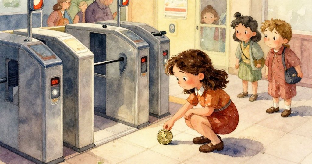 Dina的手細緻地捏著一枚反光銅幣，銅幣的紋路清晰，背景模糊呈現都市車站氛圍，表情透露著專注與好奇