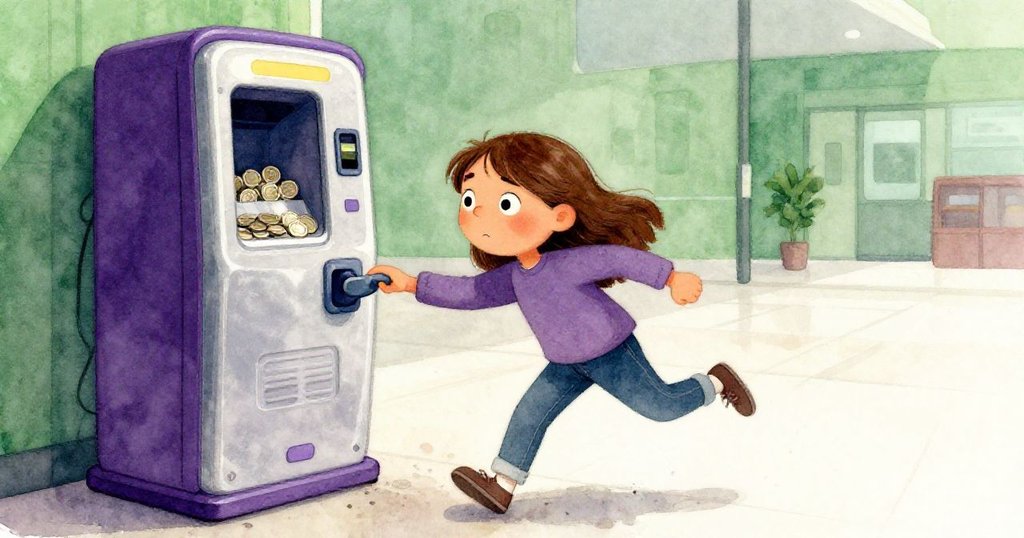 Dina匆忙穿過充滿質感的車站大廳，錢幣在充值機中發出清脆碰撞聲，周圍環境呈現深紫與森林綠氛圍，流露急切與希望