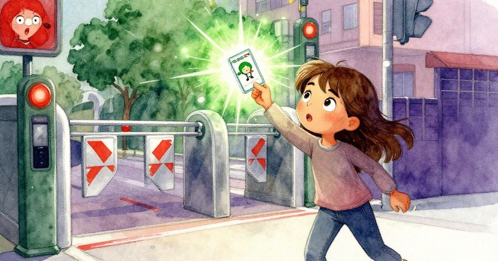 Dina成功使用點亮的卡片通過車站閘道，綠色光芒閃爍映襯著她激動與堅毅表情，象徵經歷轉變與勝利的全景畫面