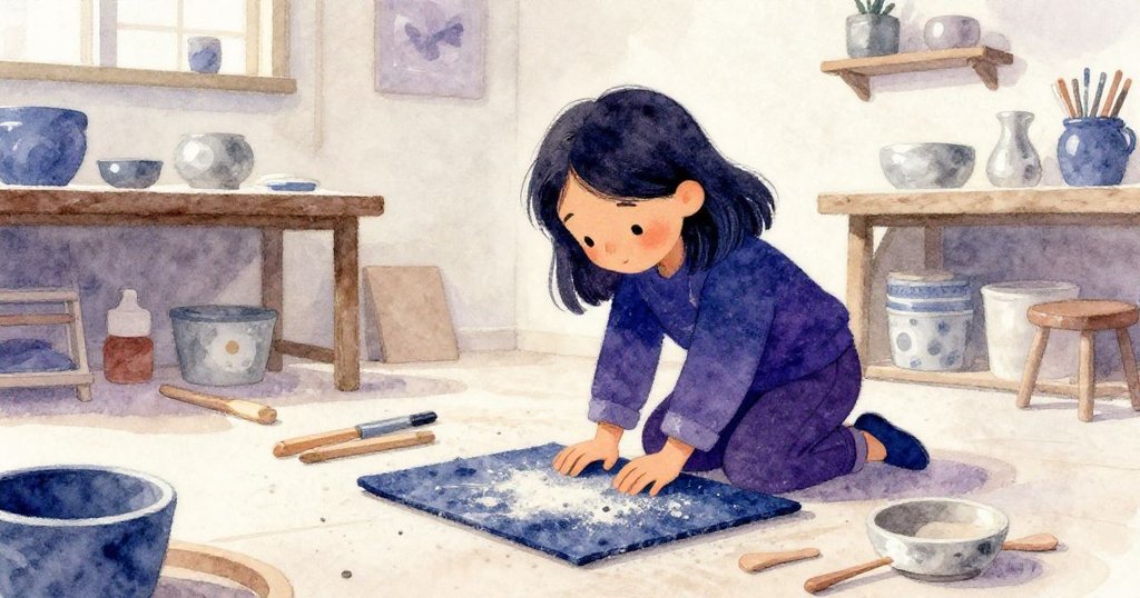 Kay在陶藝工作室輕柔觀察桌上礦物塵跡,室內燈光柔和,表情專注,開始探索陶器故事。