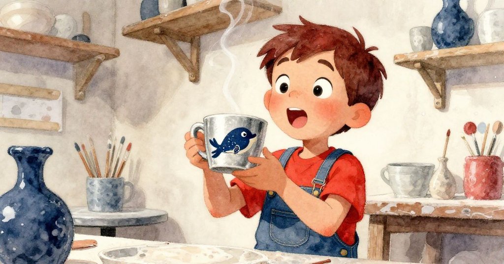 Max從低角度凝視手中印有鴨嘴獸圖案的杯子,臉上流露好奇之情,背景中陶器陳列,節奏感明顯。