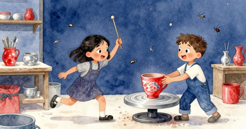 Kay揮舞木棒與Max擊打圖案杯子動作凍結,蟋蟀鳴聲加劇,兩人默契配合,現場氣氛緊張而充滿節奏感。