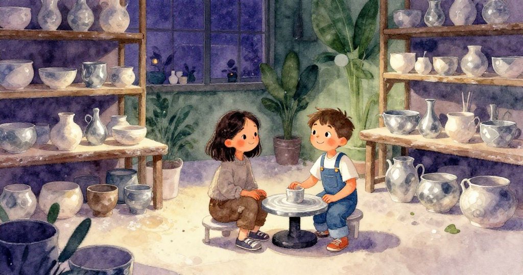 Kay與Max在整理完美陶藝品旁相視微笑,室內溫暖燈光映襯,工作室結束一天辛勞,充滿團隊並肩努力情感。