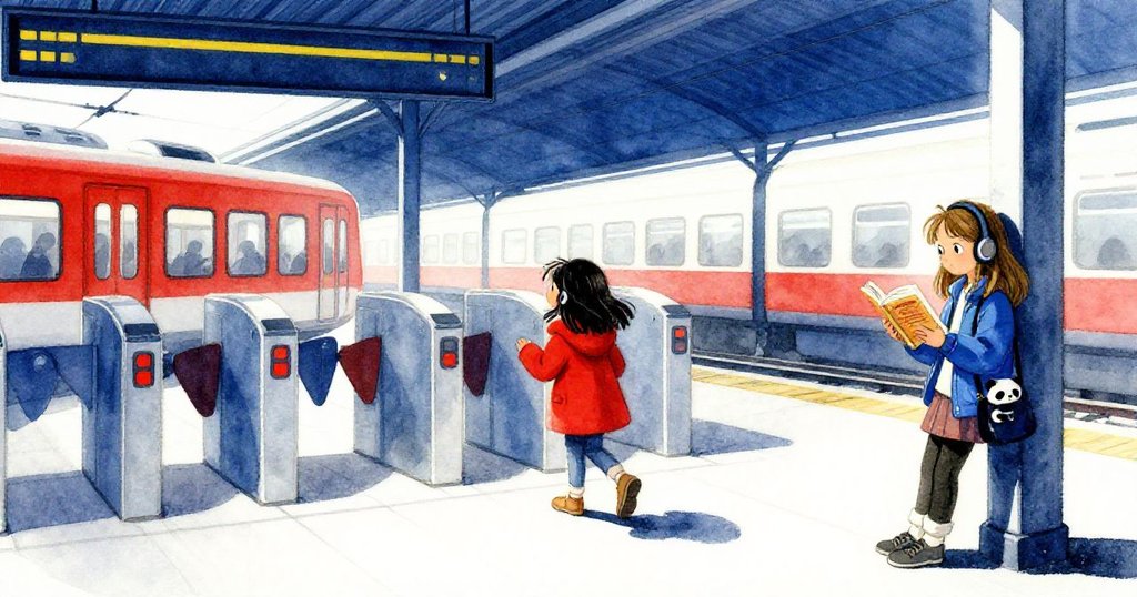 佩特拉在火車站入口前堅定前行，紅色外套醒目，蓋瑪靠柱閱讀，晨光中展現期待與新起點。