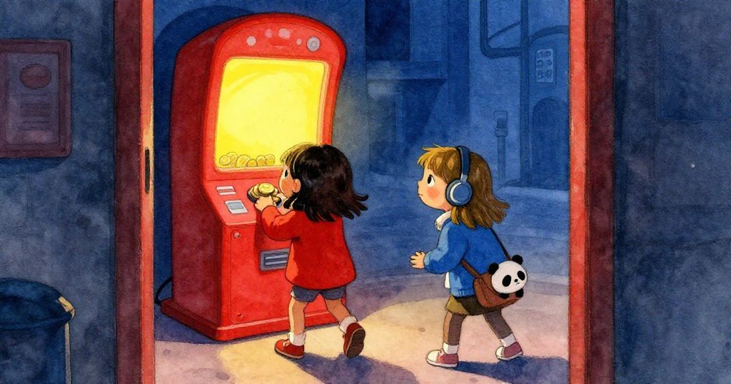 蓋瑪從門縫中凝視佩特拉解決卡幣問題，神情充滿好奇，機器燈光與陰影交錯，營造出神秘氣氛。