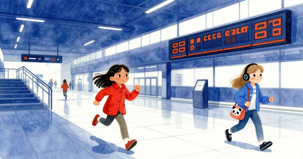 佩特拉疾步奔向樓梯，蓋瑪緊隨其後，數字倒計時在現代車站背景中展現轉換與緊迫感。